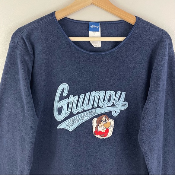 DISNEY Vintage Y2K Navy Blue Grumpy Genuine Attitude Crewneck Fleece Pullover - Picture 2 of 7